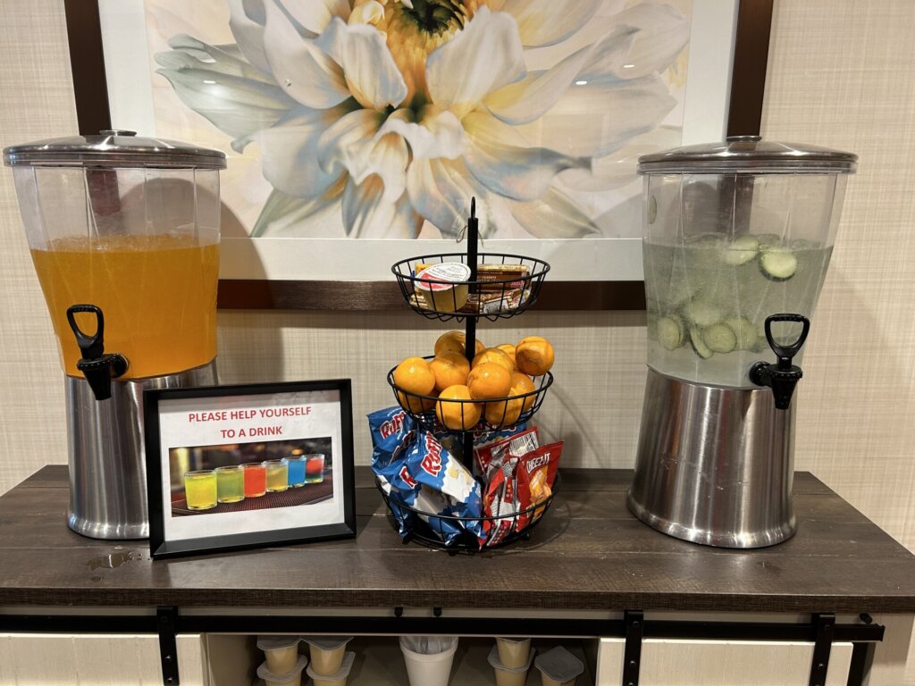 Snacks and refreshments - or the Hydration Station - set up and ready for residents and guests alike. At Traditions at Lakeview Crossing in Groveport, OH.